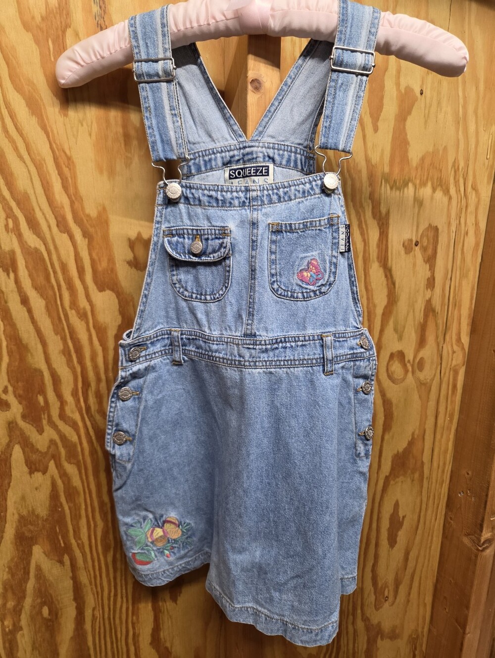 VTG Squeeze Denim Shortalls Jumper Dress M Butterfly Embroidered 90s Y2K